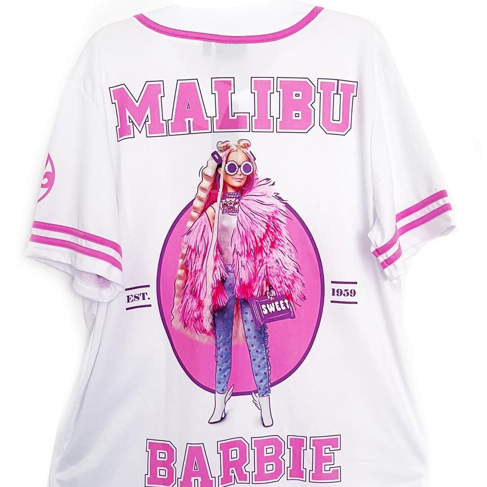 BARBIE Baseball Jersey Malibu Shirt Top White PINK RARE Sz L NEW